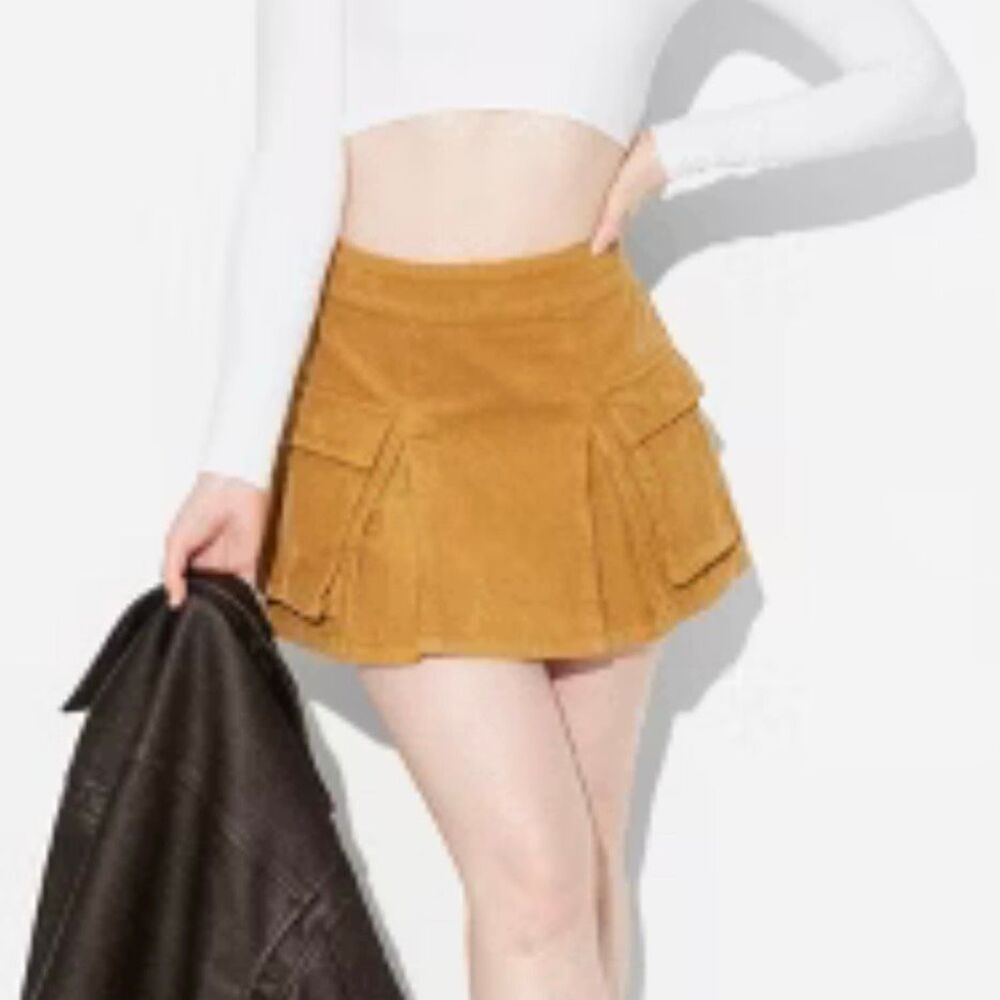 Nwt Wild Fable Mustard Yellow Corduroy Cargo Pleated Mini Skirt Features Large U